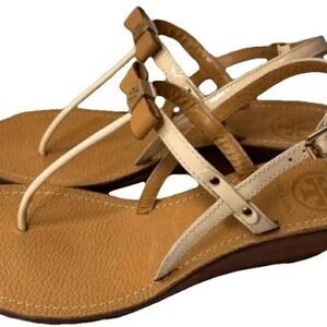 Tory Burch Designer Wedge Tan Ribbon Bow Heel Sandals Size 7.5